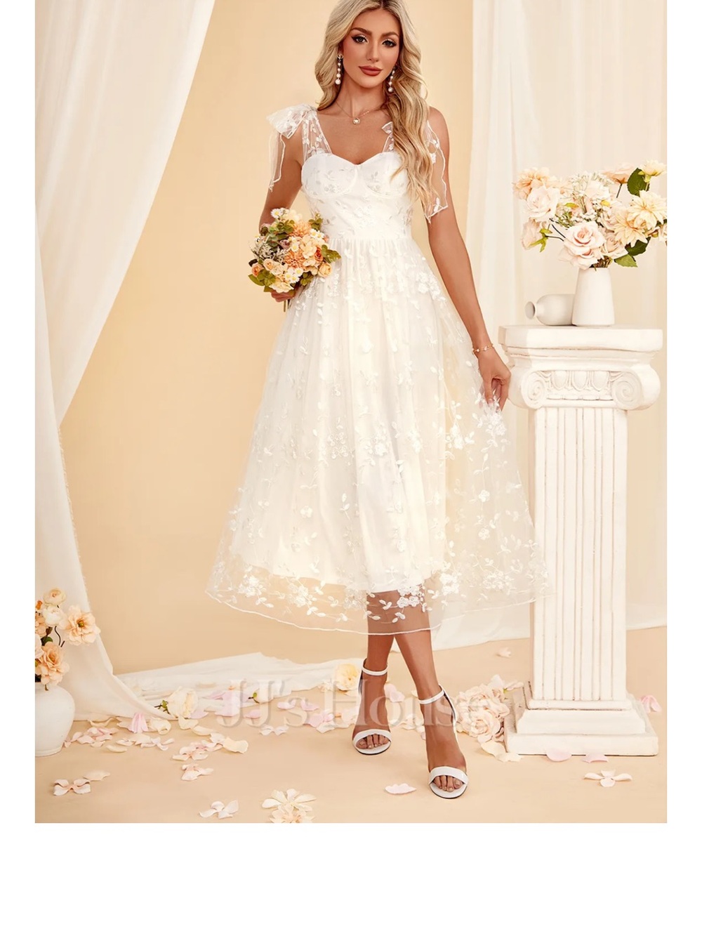 Elegant White Floral Lace Midi Wedding/Engagement Dress